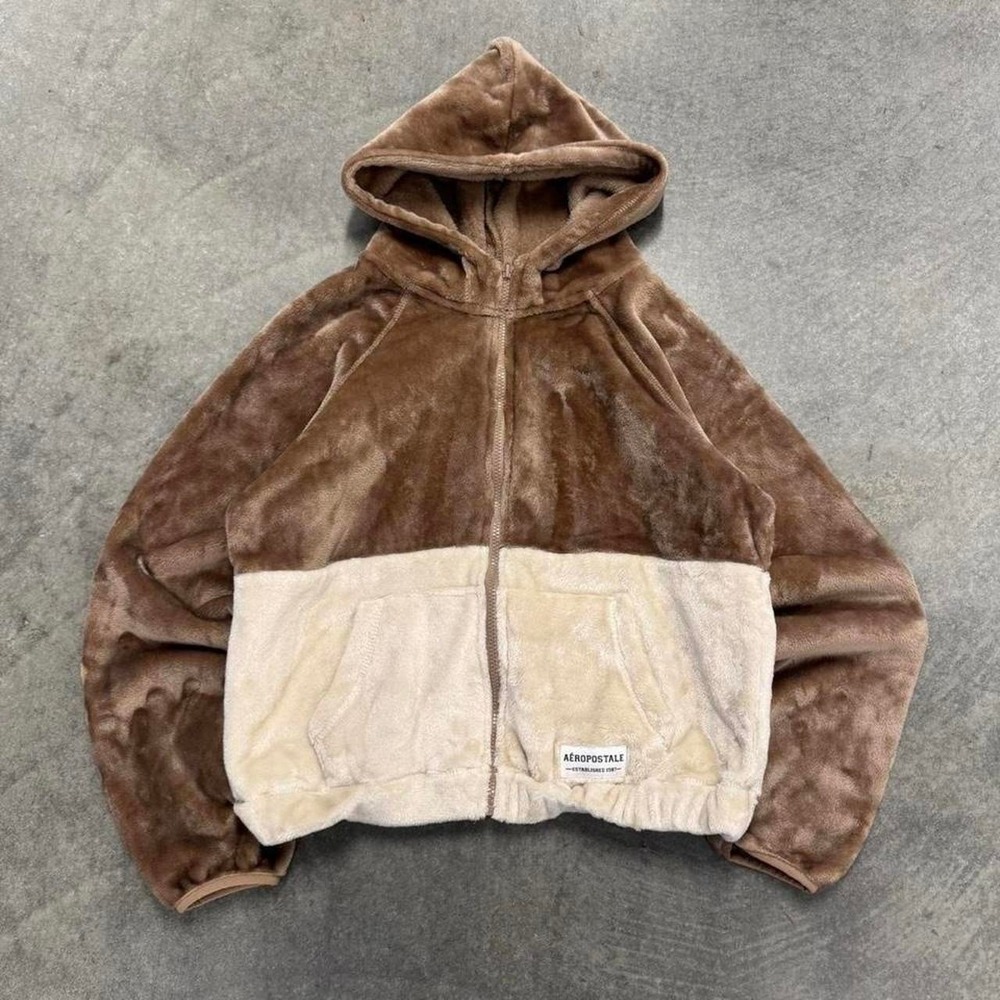 Womans Aeropostale Cozy Zip Up Fleece Hooded Pullover Cream Beige Medium